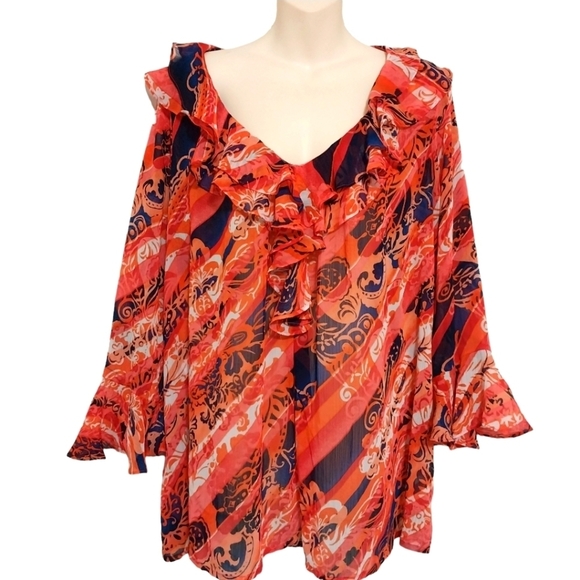 Jones New York Ruffled Semi Sheer Top Sz L - Picture 1 of 5